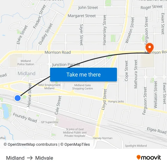 Midland to Midvale map