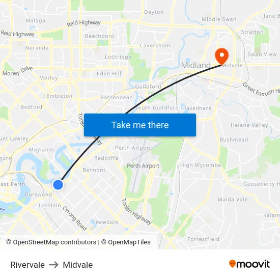 Rivervale to Midvale map