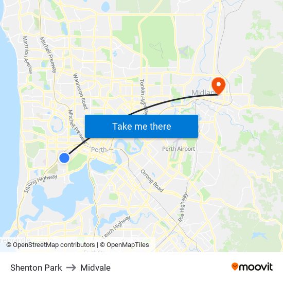 Shenton Park to Midvale map