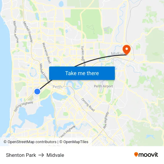 Shenton Park to Midvale map