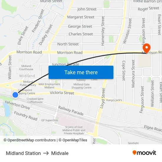 Midland Station to Midvale map