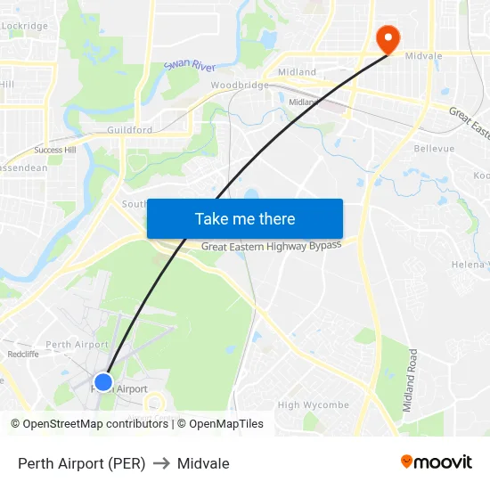 Perth Airport (PER) to Midvale map