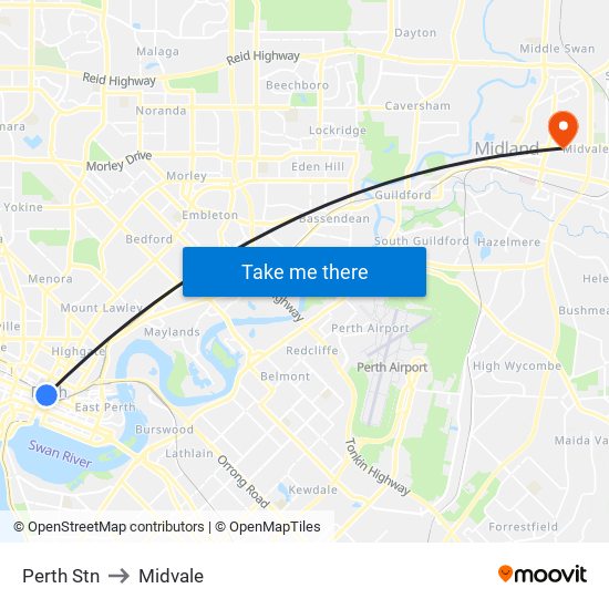 Perth Stn to Midvale map