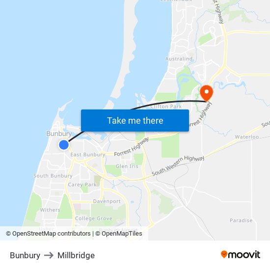 Bunbury to Millbridge map