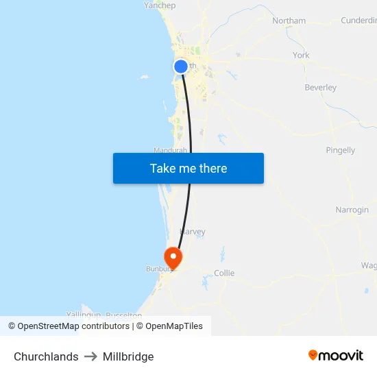 Churchlands to Millbridge map