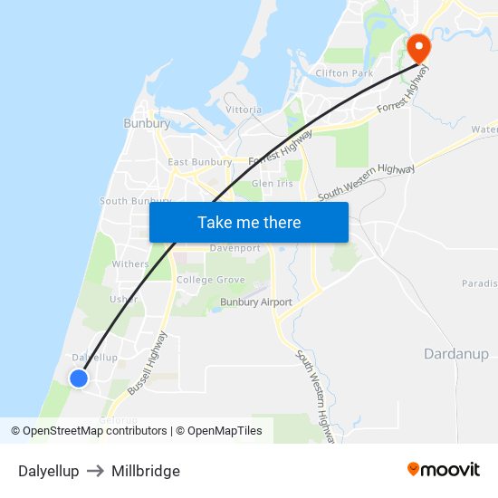 Dalyellup to Millbridge map