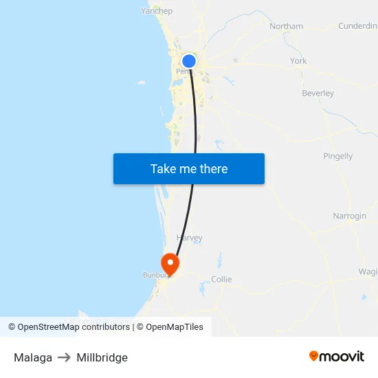 Malaga to Millbridge map