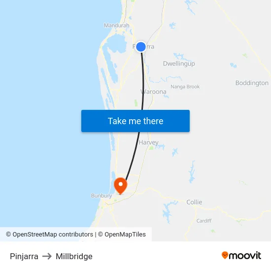Pinjarra to Millbridge map