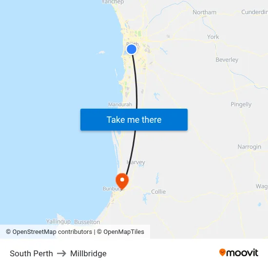 South Perth to Millbridge map