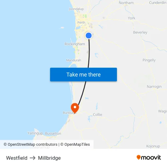 Westfield to Millbridge map