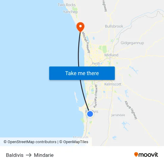 Baldivis to Mindarie map