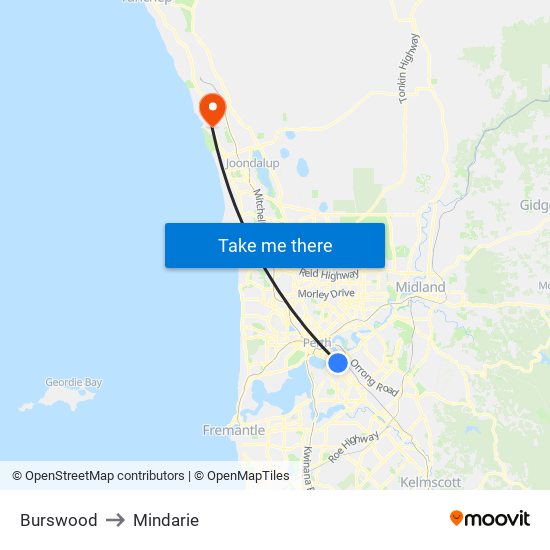 Burswood to Mindarie map