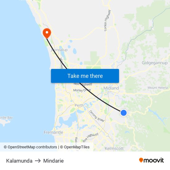 Kalamunda to Mindarie map