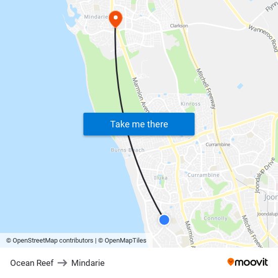 Ocean Reef to Mindarie map