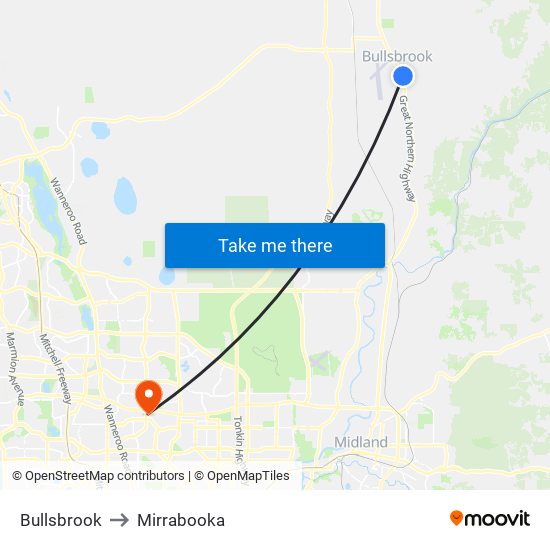 Bullsbrook to Mirrabooka map