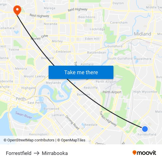 Forrestfield to Mirrabooka map