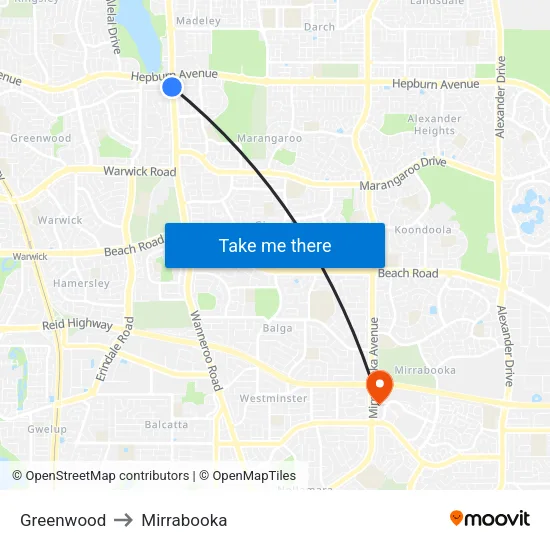 Greenwood to Mirrabooka map