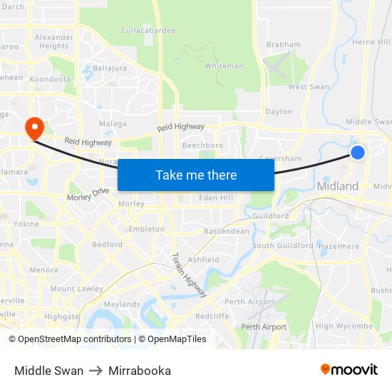 Middle Swan to Mirrabooka map