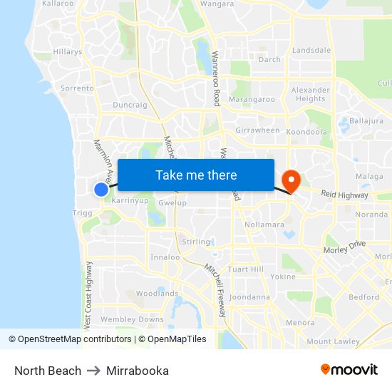North Beach to Mirrabooka map