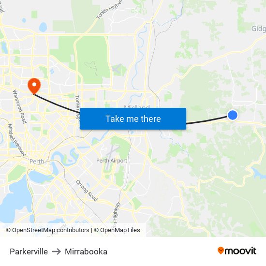 Parkerville to Mirrabooka map