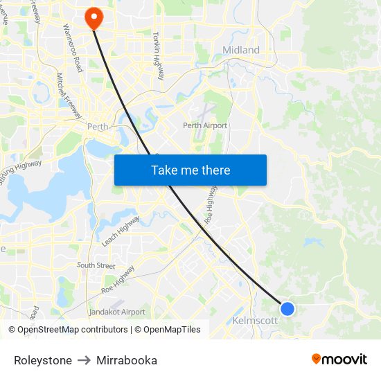 Roleystone to Mirrabooka map