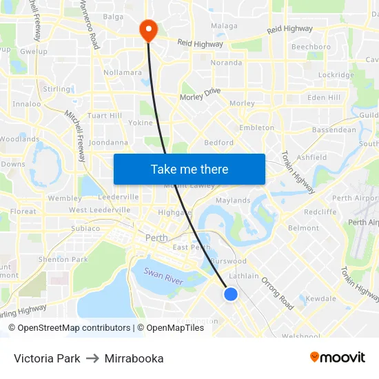 Victoria Park to Mirrabooka map
