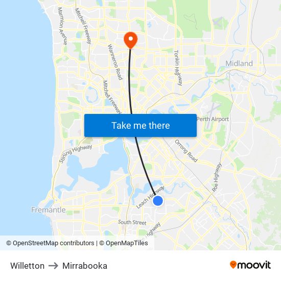 Willetton to Mirrabooka map