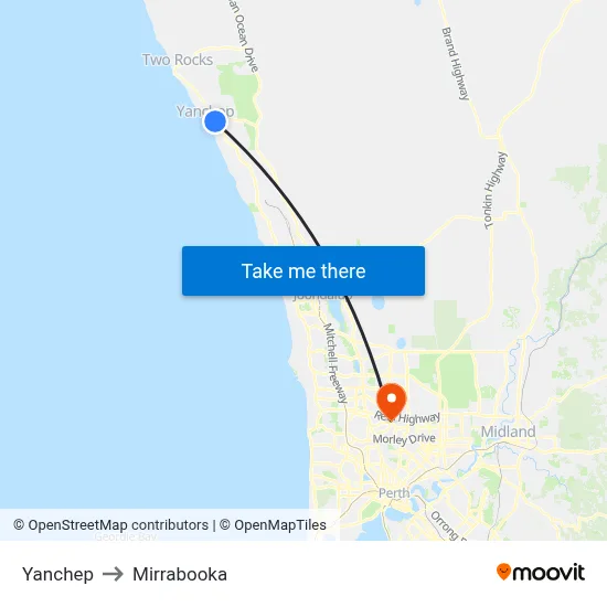 Yanchep to Mirrabooka map
