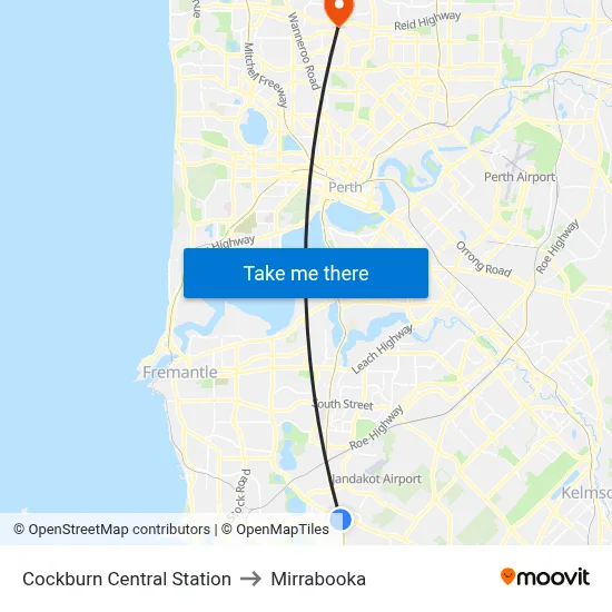 Cockburn Central Station to Mirrabooka map