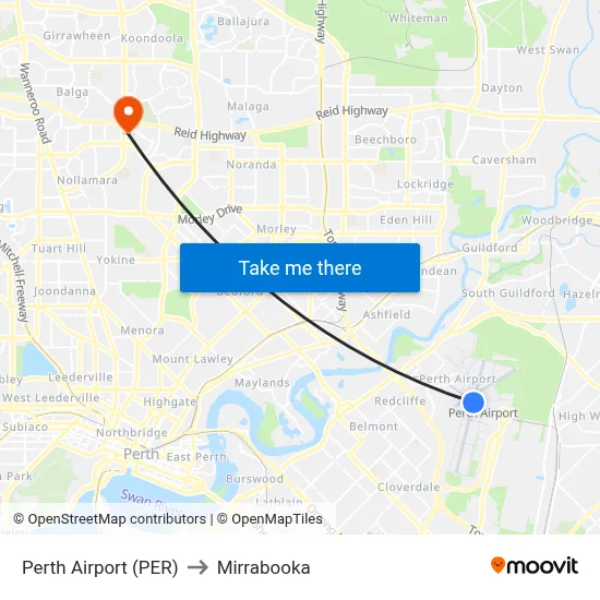 Perth Airport (PER) to Mirrabooka map