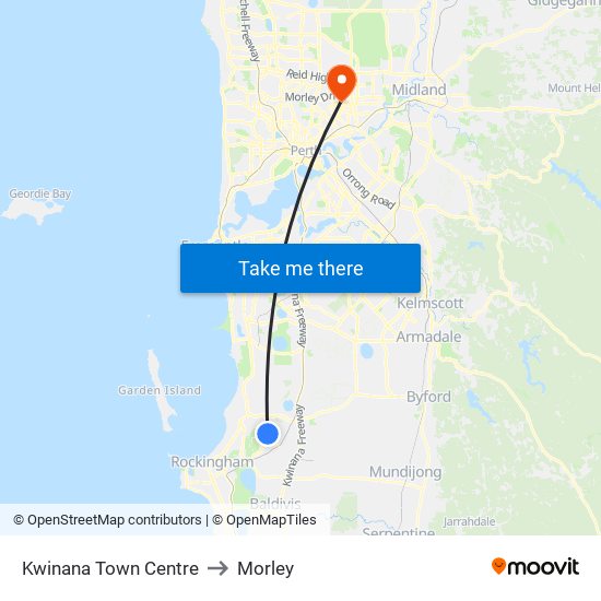 Kwinana Town Centre to Morley map