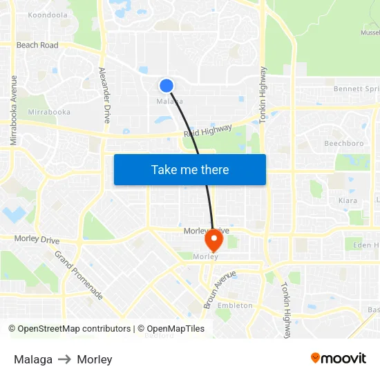 Malaga to Morley map