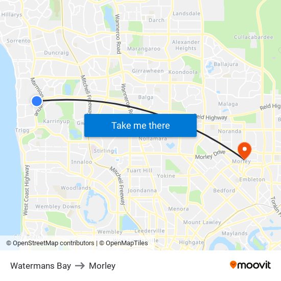 Watermans Bay to Morley map