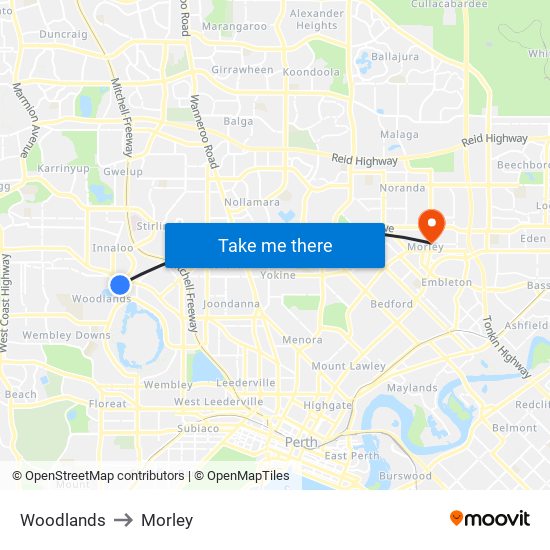 Woodlands to Morley map