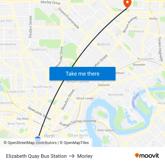 Elizabeth Quay Bus Station to Morley map