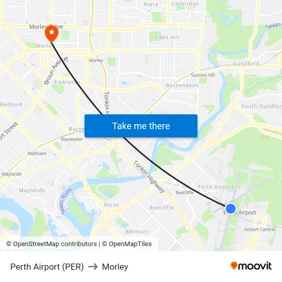 Perth Airport (PER) to Morley map