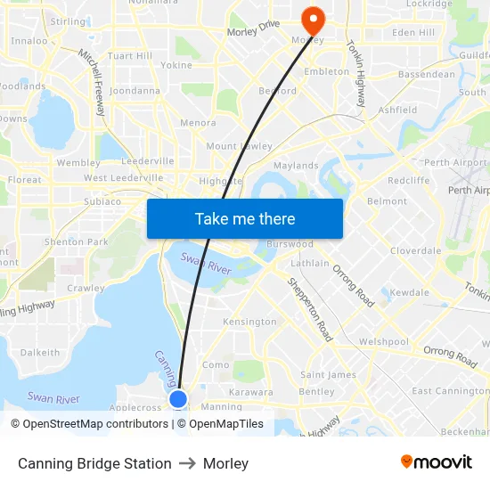 Canning Bridge Station to Morley map