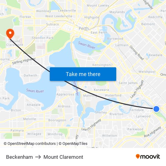 Beckenham to Mount Claremont map