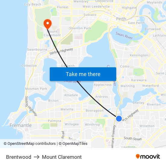 Brentwood to Mount Claremont map