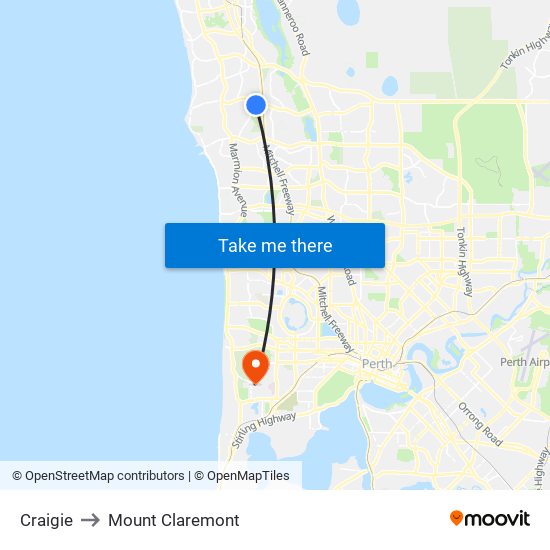 Craigie to Mount Claremont map