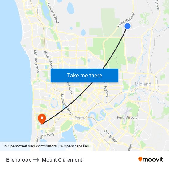 Ellenbrook to Mount Claremont map