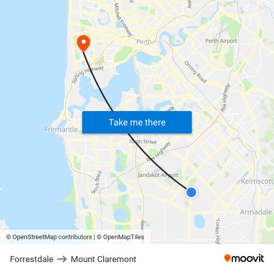 Forrestdale to Mount Claremont map