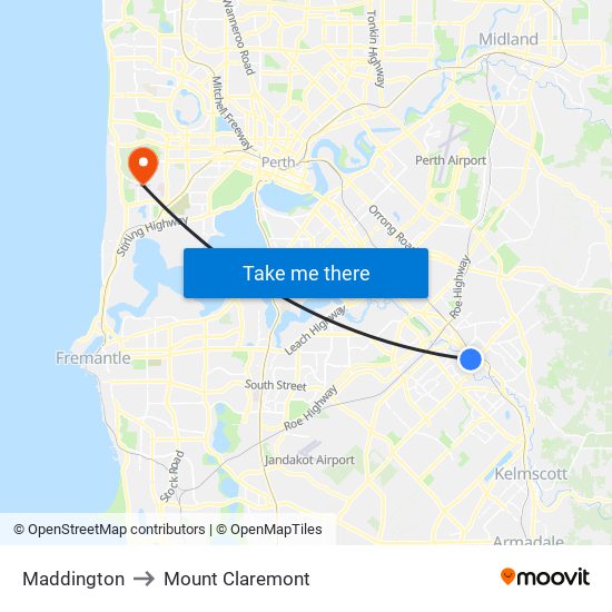 Maddington to Mount Claremont map