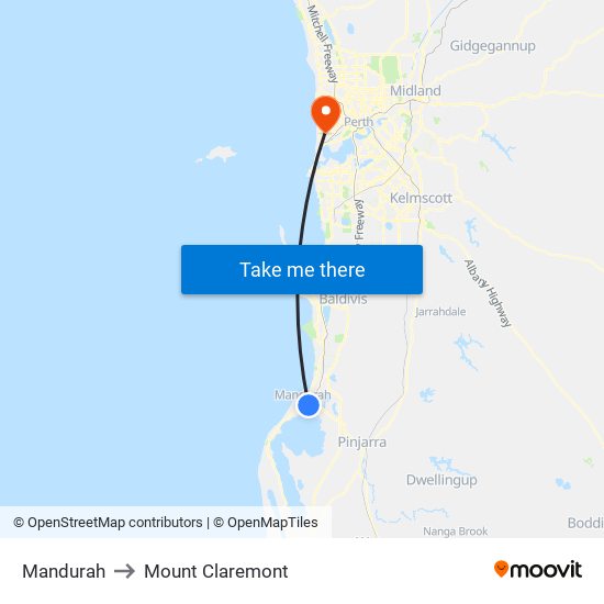 Mandurah to Mount Claremont map