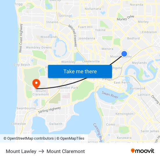 Mount Lawley to Mount Claremont map