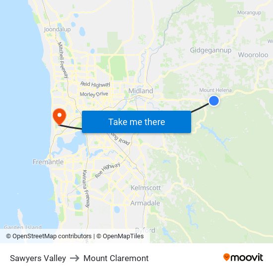 Sawyers Valley to Mount Claremont map