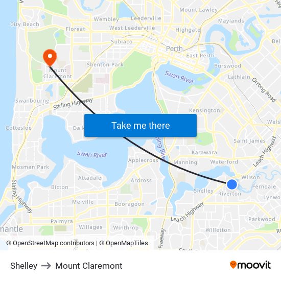 Shelley to Mount Claremont map