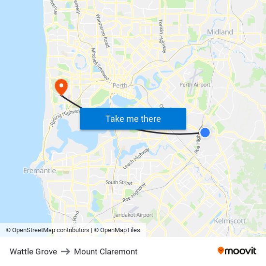 Wattle Grove to Mount Claremont map