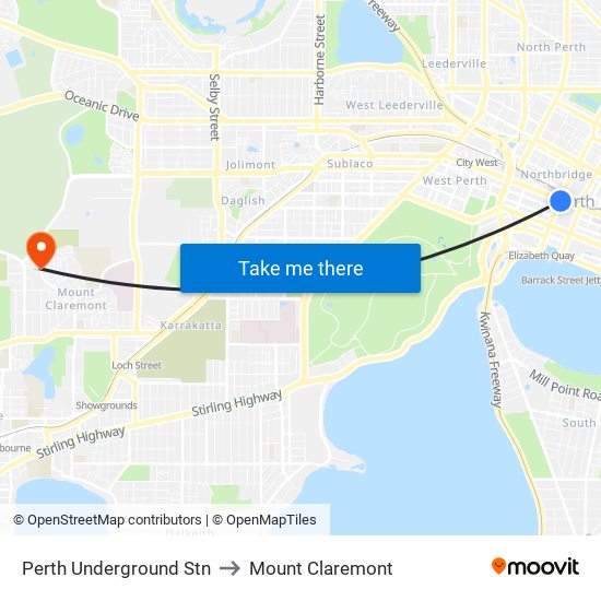 Perth Underground Stn to Mount Claremont map