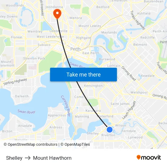 Shelley to Mount Hawthorn map